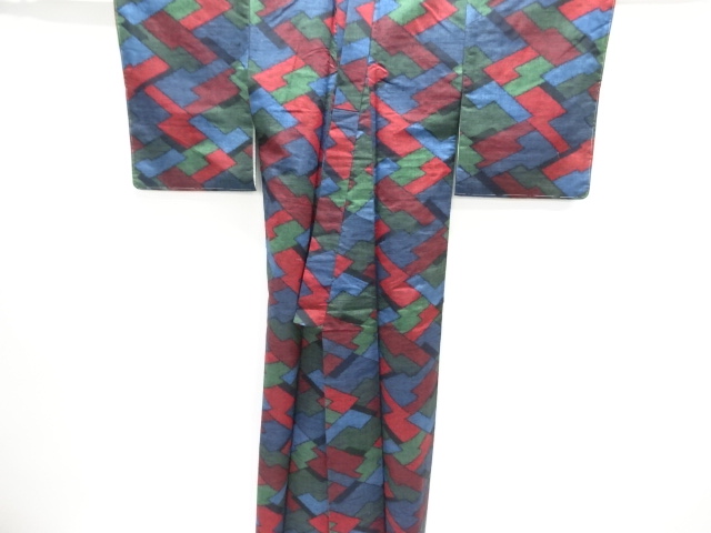  未使用品　幾何学模様織出し手織り紬着物